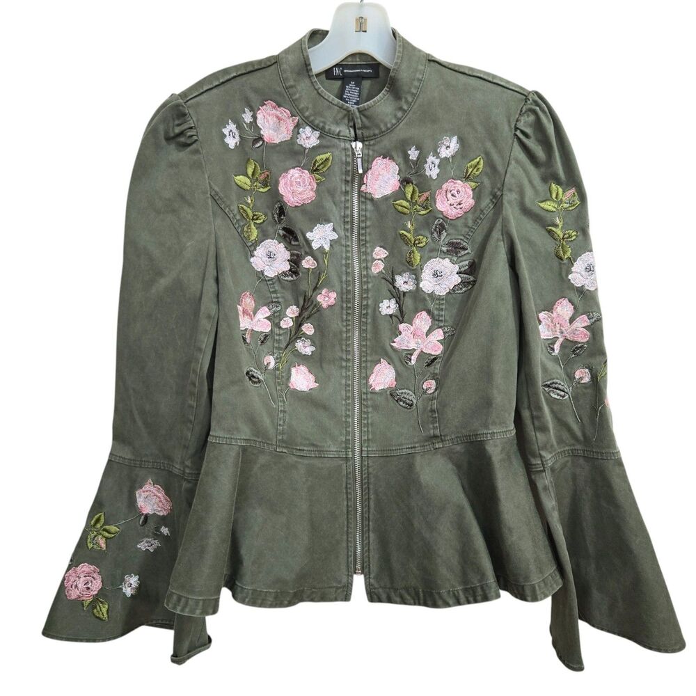 INC International‎ Concepts Embroidered Peplum Jacket Size M Green Fairy Garden